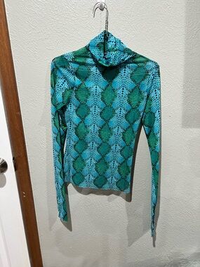 AFRM Green and Blue Snake-Print Turtleneck Long Sleeve Top Mesh Rave Fashion